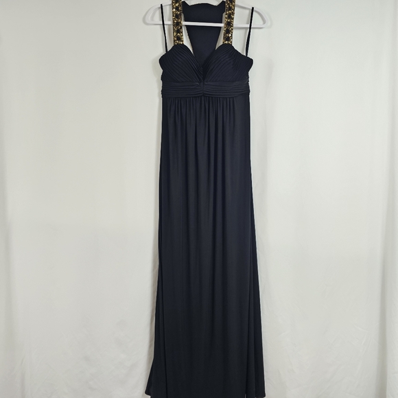 Betsy Adam Embellished Halter Gown In Black And Gold - Size 6